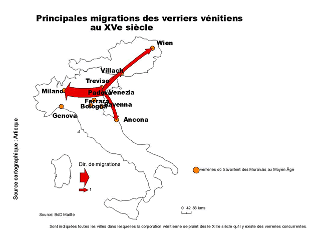 Carte. Migrations, verriers vénitiens, 15e s.