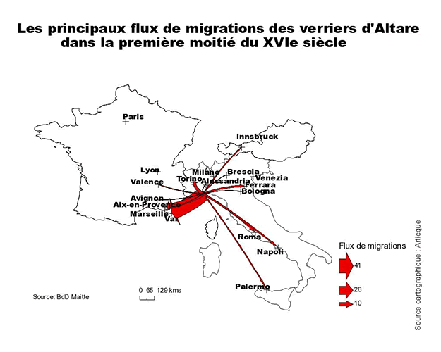 Carte. Migrations, verriers altarais, 1500-1550