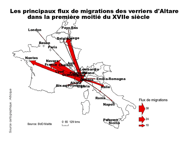 Carte. Migrations, verriers altarais, 17e s.