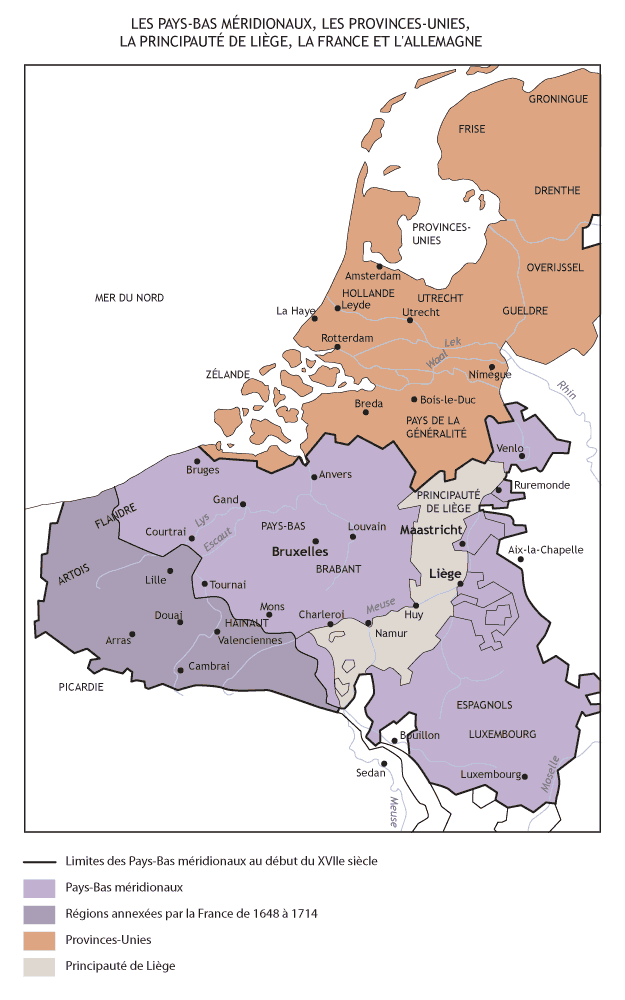 Carte. Pays-Bas méridionaux, Provinces-Unies et principauté de Liège.