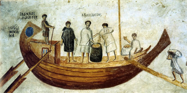 (Fresque) Reproduction de l’Isis Geminiana montrant l’absence d’accès direct à la cale à l’arrière du navire (Crédit DRASSM)