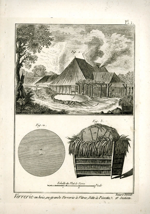 Gravure. Encyclopédie de Diderot et d’Alembert, planche, verrerie en bois ou grande verrerie à vitres (photo M. Hérold)