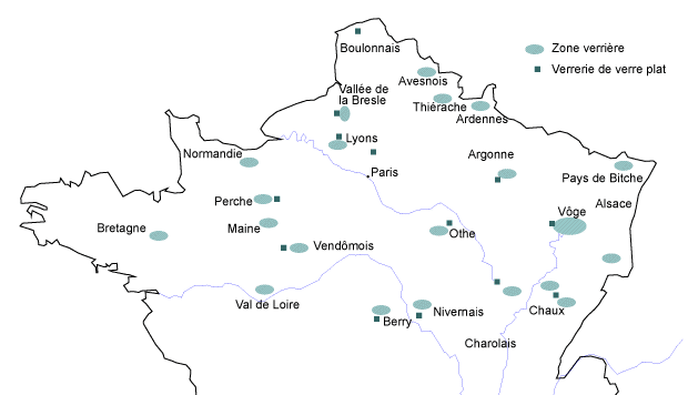 Carte : Principales zones d’implantation de verreries (zones verrières et verrerie de verre plat) entre Loire et Meuse au 15e siècle (copyright M. Philippe)