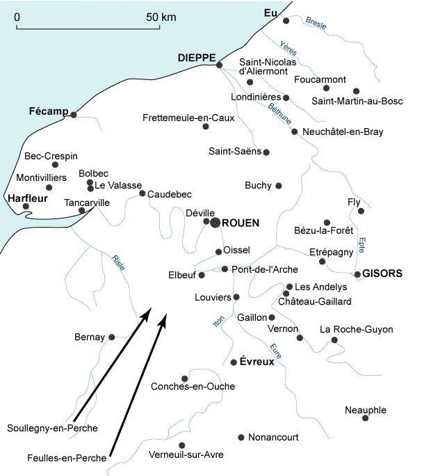 Carte : localisation de la production de verre normande au Moyen Âge (copyright P. Lardin)