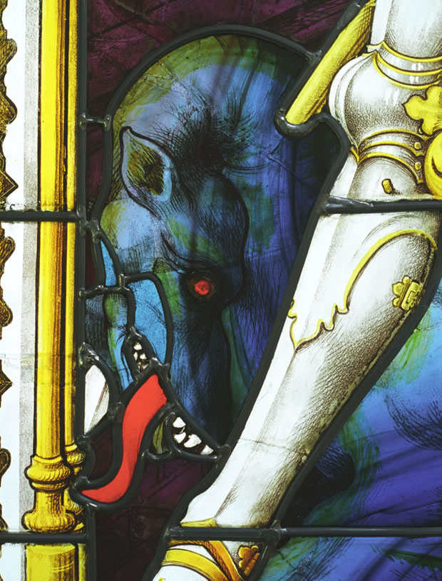 Stained glass: St George, Bruges, detail