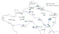 Carte : Principales zones d’implantation de verreries (zones verrières et verrerie de verre plat) entre Loire et Meuse au 15e siècle(copyright M. Philippe)