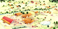 Dessin : évocation du village des Ruelles de Serris à la fin du 7e siècle (Crédit F. Gentili / INRAP)