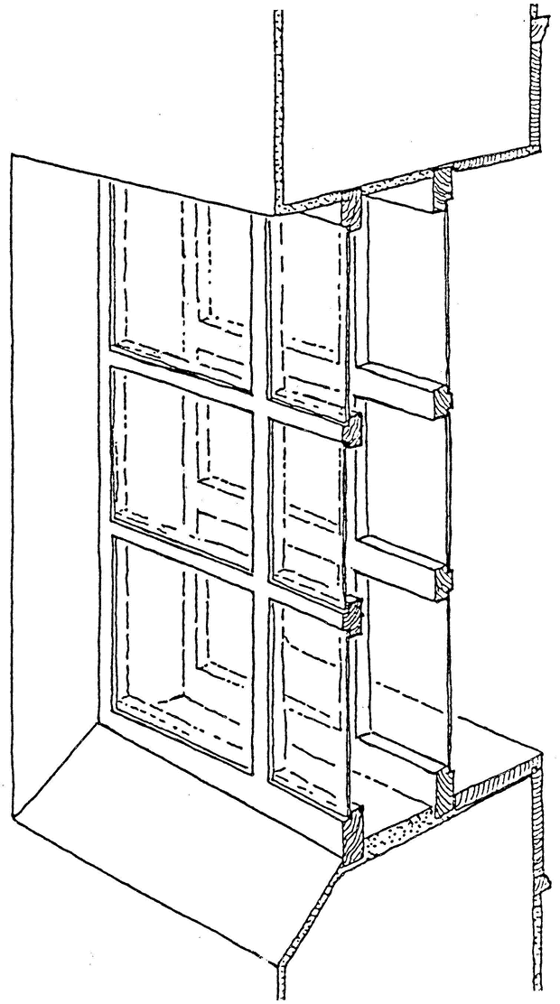 D'après Baatz, 1991, figure 6 Reconstitution du système de double vitrage en bois et verre des thermes suburbains d’Herculanum