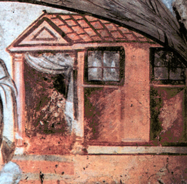 Hypogée de Samson dans la catacombe de la Via Latina à Rome, détail Représentation d’un temple doté de deux fenêtres hautes vitrées dans l’hypogée de Samson dans la catacombe de la Via Latina à Rome