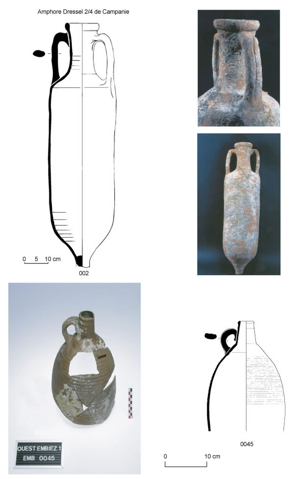 Dessin et photographie : Types d’amphores attribuables au fret (Dessins Camille Damon et Guergena Guionova, photographies et infographie Stéphane Cavillon, DRASSM)