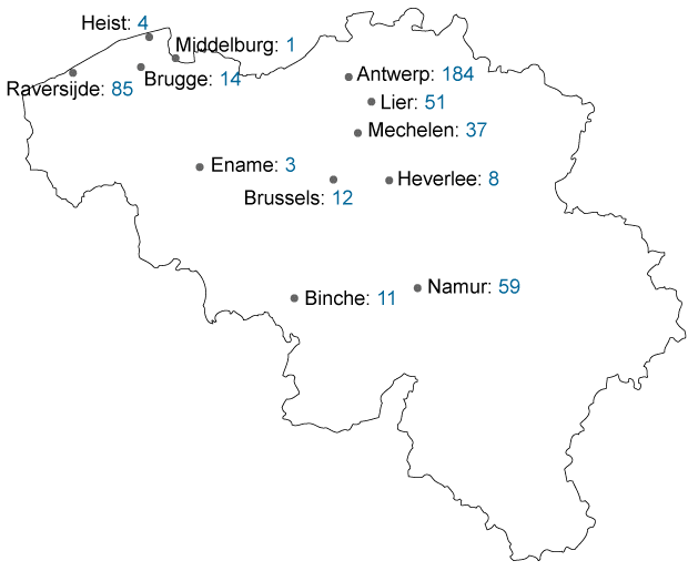 Map of Belgium and the cities from which glass has been analysed