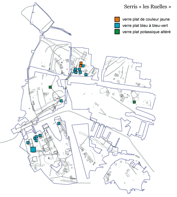 Relevé : Site de Serris les Ruelles, verre architectural retrouvé (crédit F. Gentili / INRAP)