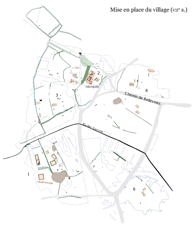 Relevé : Serris les Ruelles, mise en place du village à l'époque mérovingienne (7e siècle) (crédit F. Gentili / INRAP)
