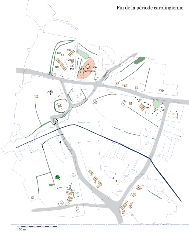 Relevé : Serris les Ruelles, le village à la fin de la période carolingienne (crédit F. Gentili / INRAP)