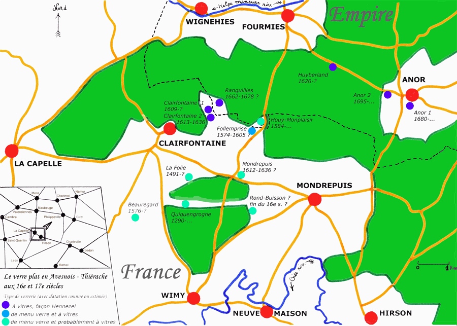 Carte : le verre plat en Avesnois-Thiérache, 16e-17e siècles