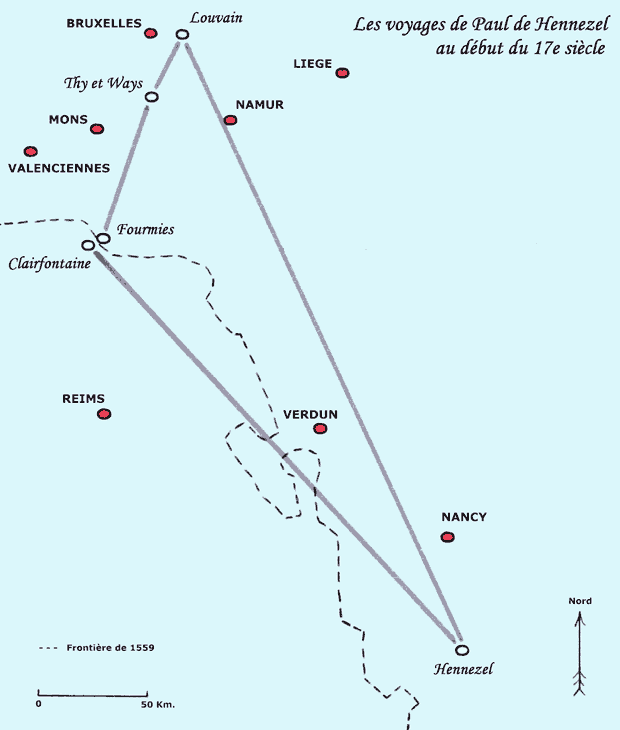 Carte : voyages de Paul de Hennezel au début du 17e siècle