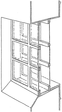 D'après Baatz, 1991, figure 6 Reconstitution du système de double vitrage en bois et verre des thermes suburbains d’Herculanum