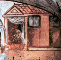 Hypogée de Samson dans la catacombe de la Via Latina à Rome, détail Représentation d’un temple doté de deux fenêtres hautes vitrées dans l’hypogée de Samson dans la catacombe de la Via Latina à Rome