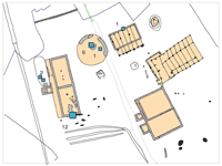 Relevé : Serris les Ruelles, ferme domaniale, 7e-8e siècles, répartition du verre plat du haut Moyen Âge (crédit F. Gentili / INRAP)
