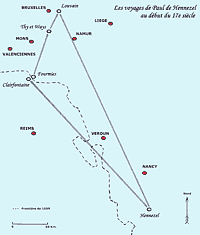 Carte : voyages de Paul de Hennezel au début du 17e siècle